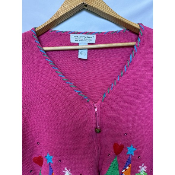 Tiara International Knit Christmas Sweater Cardigan Size XL Pink Trees Embroider - Picture 7 of 13